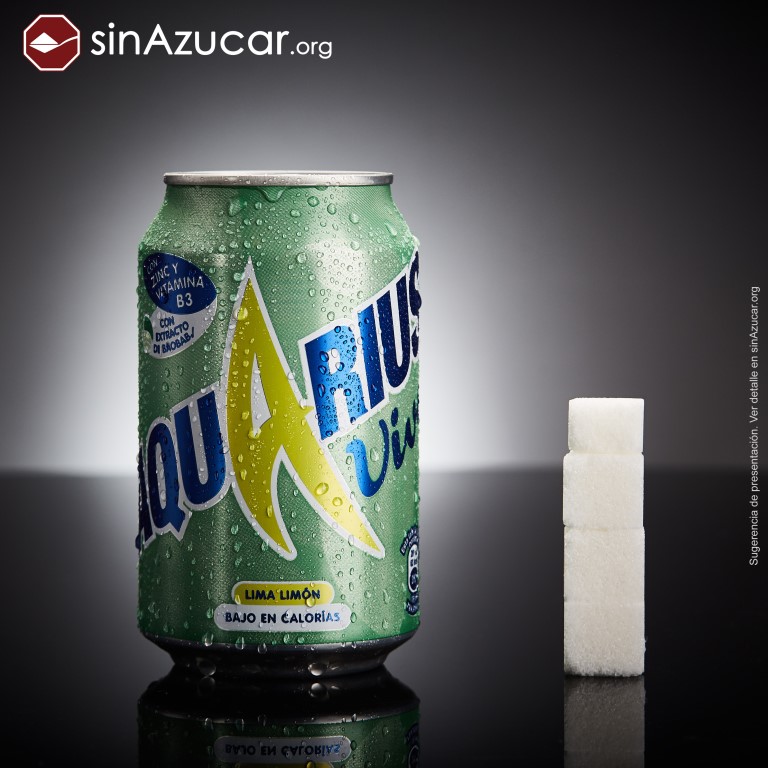 3,5 terrones de azúcar en una lata de Aquarius Vive (14 gramos) Imagen de SinAzucar.Org 